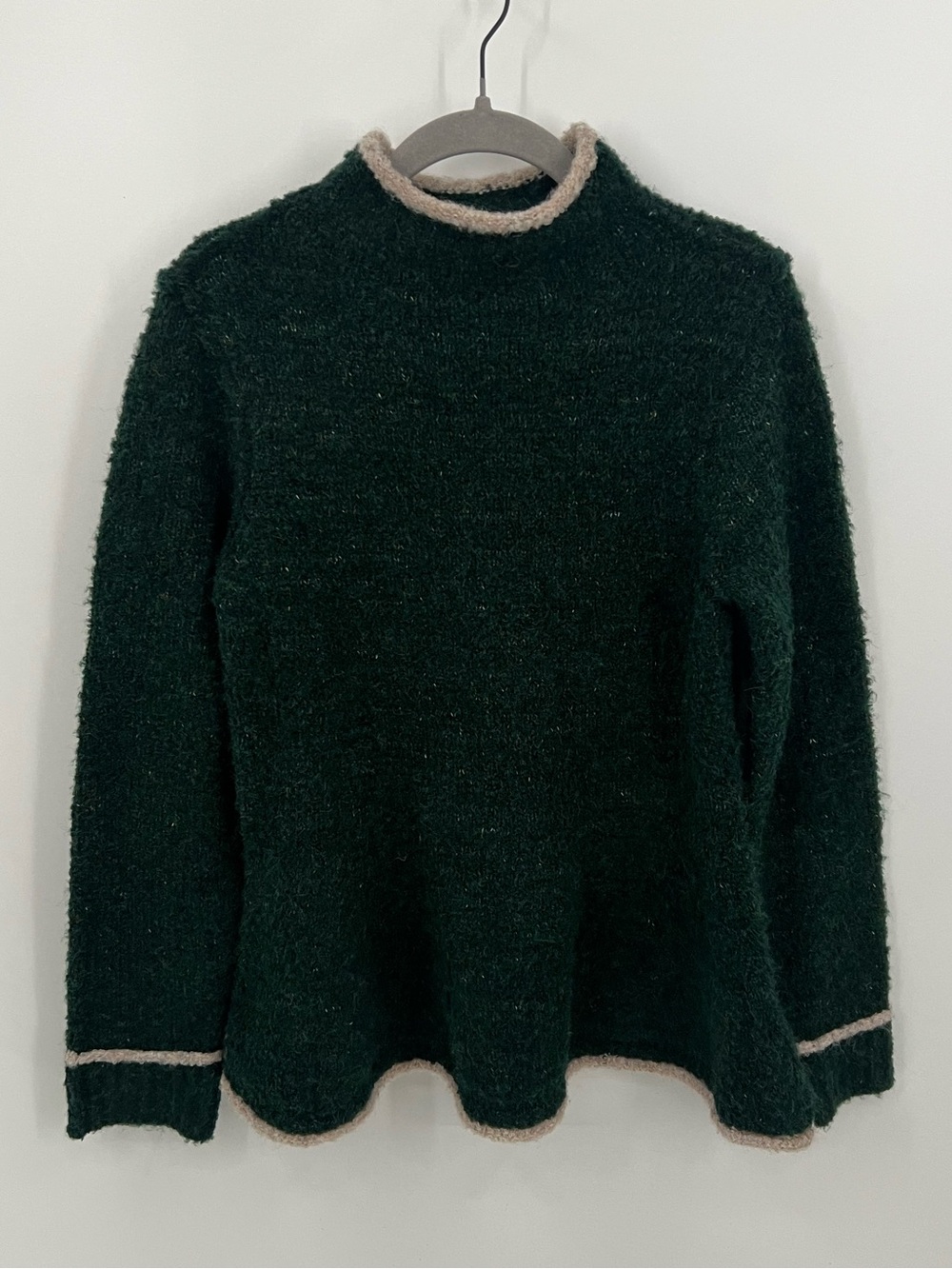 Pilcro Dark Green Mock Neck Peplum Sweater with Cream Contrast Trim - Picture 2 of 12